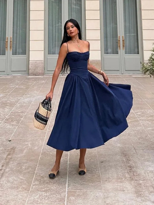 Elegant Spaghetti Strap Midi Dress Slim a Line Party Dresses Navy Blue Casual Birthday Holiday Dress Women'S Clothing