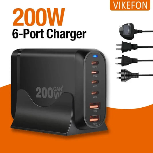 200W Gan 6-Port USB Type C PD Charger Desktop Phone Charger QC3.0 for Iphone 15 Samsung Xiaomi Fast Charger Mobile USB Charger