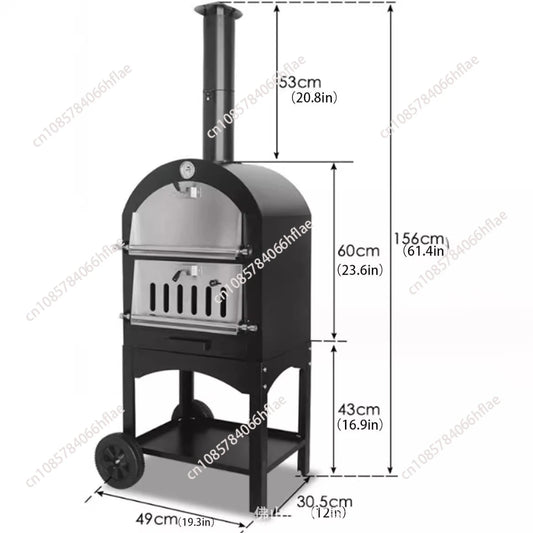 12" Wood Fried Pizza Oven with Wheels & Handle Labor-Saving 2-Layer Portable for Backyard Camping Site Park Outdoor Baking