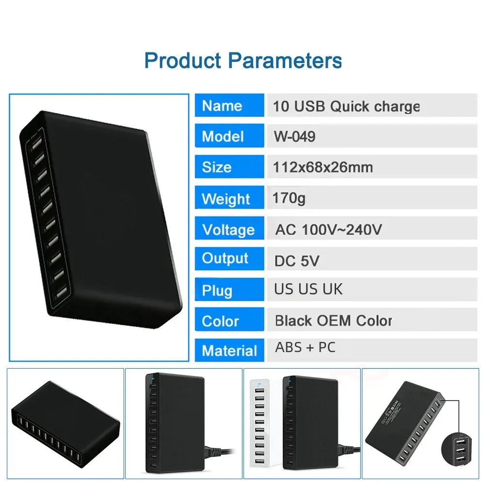 USB Charger 60W 10-Port Station Desktop USB Rapid Charger for Smart USB Charger for Multiple Devices Smart Phone Tablet Laptop