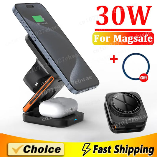 30W 3 in 1 Foldable Charging Station Fast Magnetic Wireless Charger Stand for Iphone 15 14 13 12 Apple Watch 8 7 6 Airpods Pro