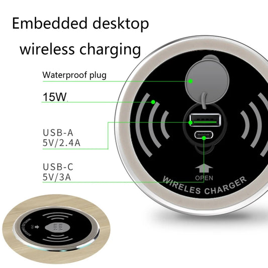 15W USB-C USB-A Quick Charger 3.0 Built in Desktop Device Qi Fast Wireless Charger Embedded Charger