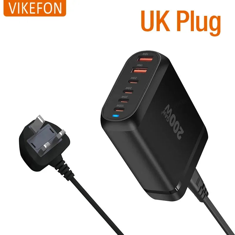 200W Gan 6-Port USB Type C PD Charger Desktop Phone Charger QC3.0 for Iphone 15 Samsung Xiaomi Fast Charger Mobile USB Charger