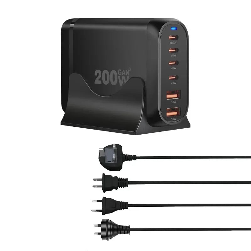 200W Gan 6-Port USB Type C PD Charger Desktop Phone Charger QC3.0 for Iphone 15 Samsung Xiaomi Fast Charger Mobile USB Charger