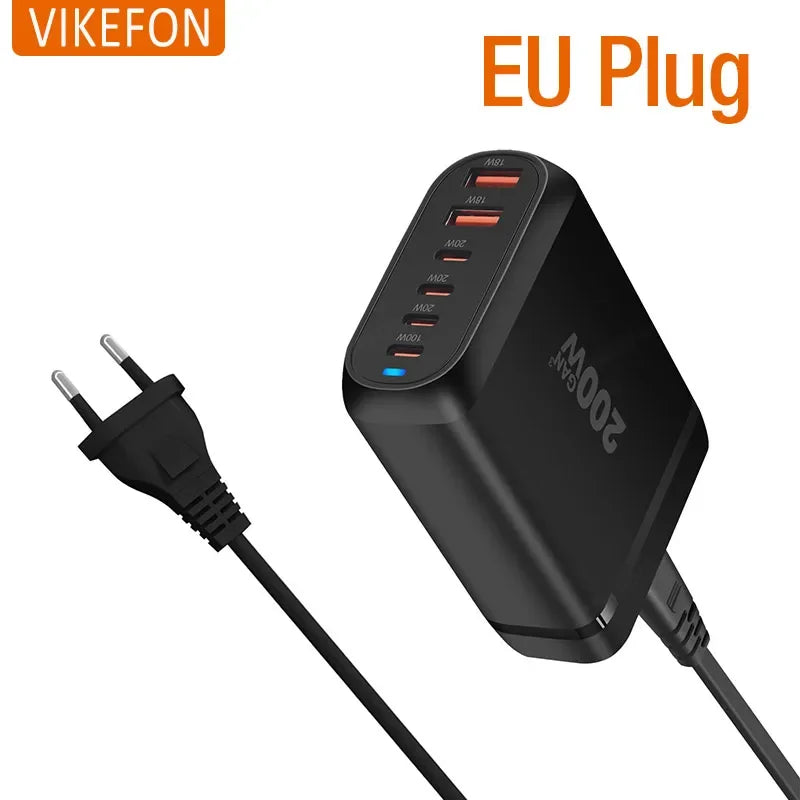 200W Gan 6-Port USB Type C PD Charger Desktop Phone Charger QC3.0 for Iphone 15 Samsung Xiaomi Fast Charger Mobile USB Charger