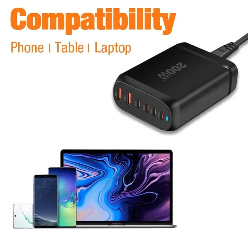200W Gan 6-Port USB Type C PD Charger Desktop Phone Charger QC3.0 for Iphone 15 Samsung Xiaomi Fast Charger Mobile USB Charger