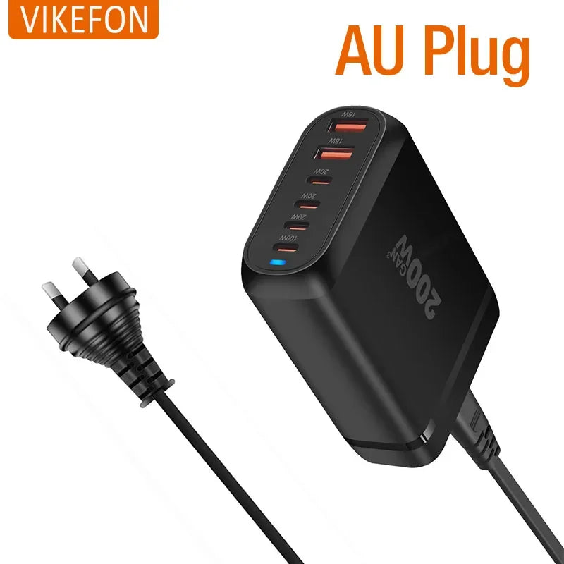 200W Gan 6-Port USB Type C PD Charger Desktop Phone Charger QC3.0 for Iphone 15 Samsung Xiaomi Fast Charger Mobile USB Charger