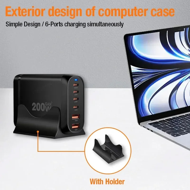 200W Gan 6-Port USB Type C PD Charger Desktop Phone Charger QC3.0 for Iphone 15 Samsung Xiaomi Fast Charger Mobile USB Charger