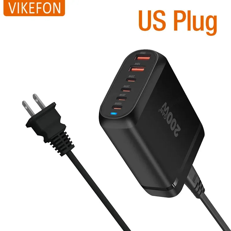 200W Gan 6-Port USB Type C PD Charger Desktop Phone Charger QC3.0 for Iphone 15 Samsung Xiaomi Fast Charger Mobile USB Charger