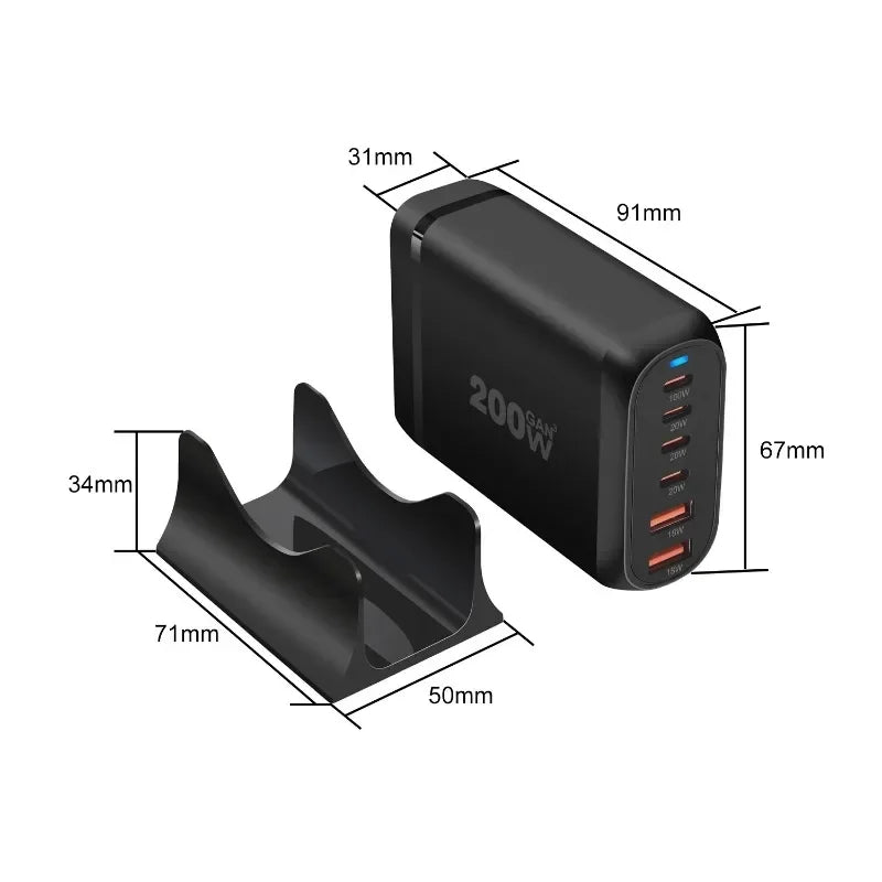200W Gan 6-Port USB Type C PD Charger Desktop Phone Charger QC3.0 for Iphone 15 Samsung Xiaomi Fast Charger Mobile USB Charger