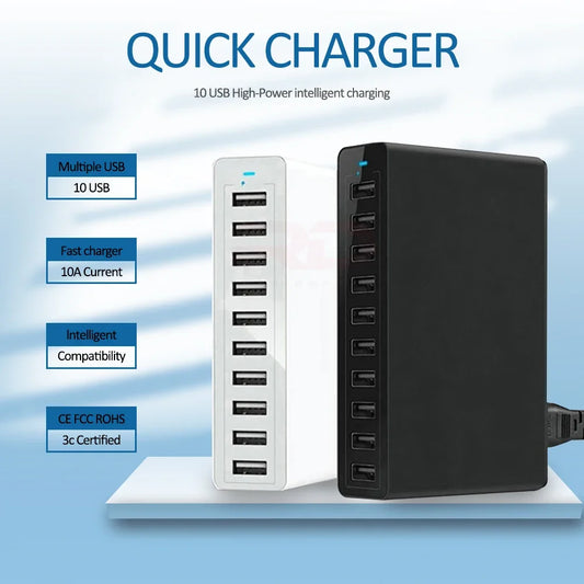 USB Charger 60W 10-Port Station Desktop USB Rapid Charger for Smart USB Charger for Multiple Devices Smart Phone Tablet Laptop