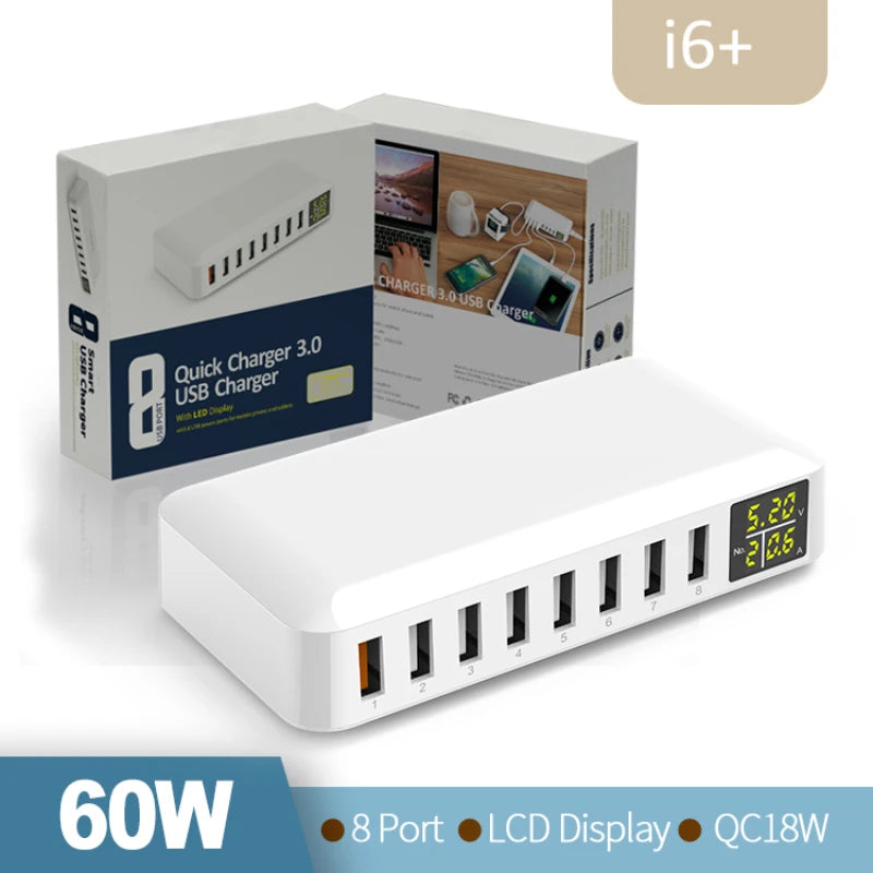 60W 8 Port USB Fast Charger QC3.0 HUB Smart Quick Charge with LED Display Multi USB Charging Station Mobile Phone Desktop Home
