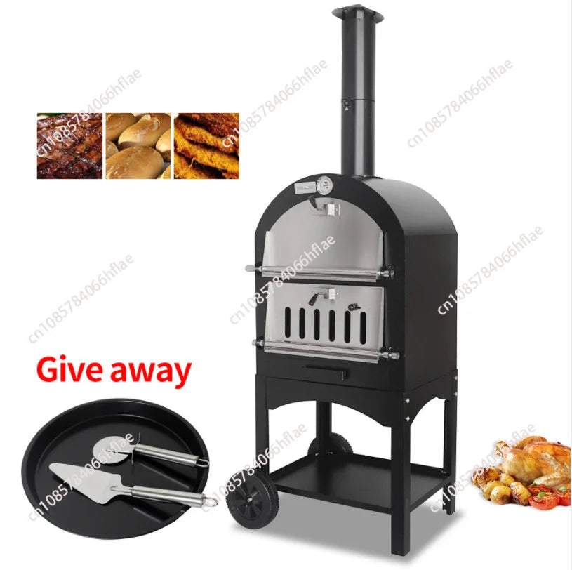 12" Wood Fried Pizza Oven with Wheels & Handle Labor-Saving 2-Layer Portable for Backyard Camping Site Park Outdoor Baking