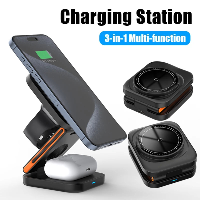 30W 3 in 1 Foldable Charging Station Fast Magnetic Wireless Charger Stand for Iphone 15 14 13 12 Apple Watch 8 7 6 Airpods Pro