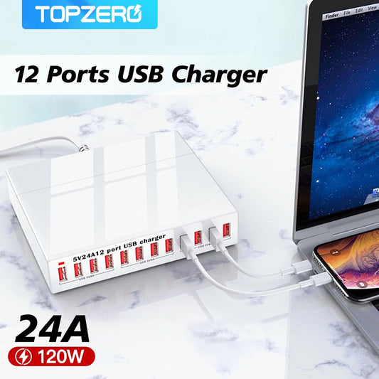 120W 12 Port USB Charging Station Home Desktop Multi USB Charger HUB