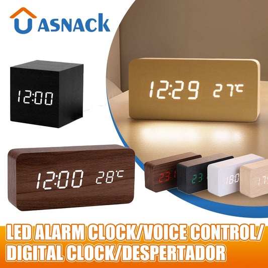 Table Clock Led Digital Wooden Alarm Clock USB AAA Powered Voice Control Desk Clock