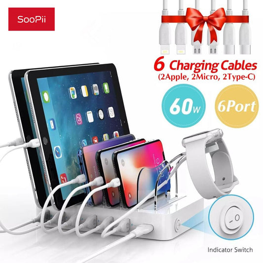 SooPii 6 Port USB Charging Station with Quick Charge 3.0 60W/12A for
