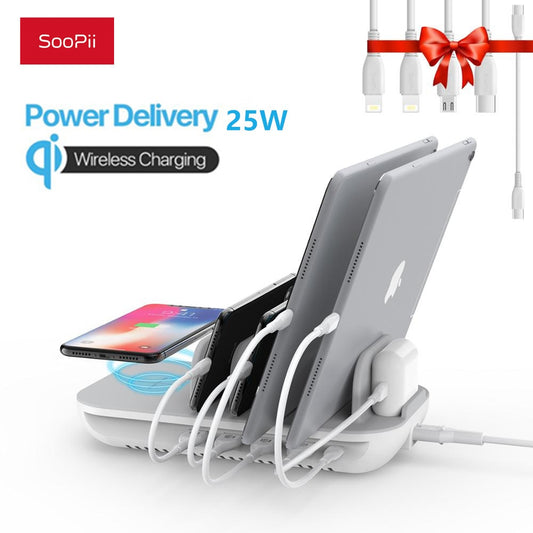SooPii 70W 5 Port Charging Station with 15W Wireless Charger Pad USB C